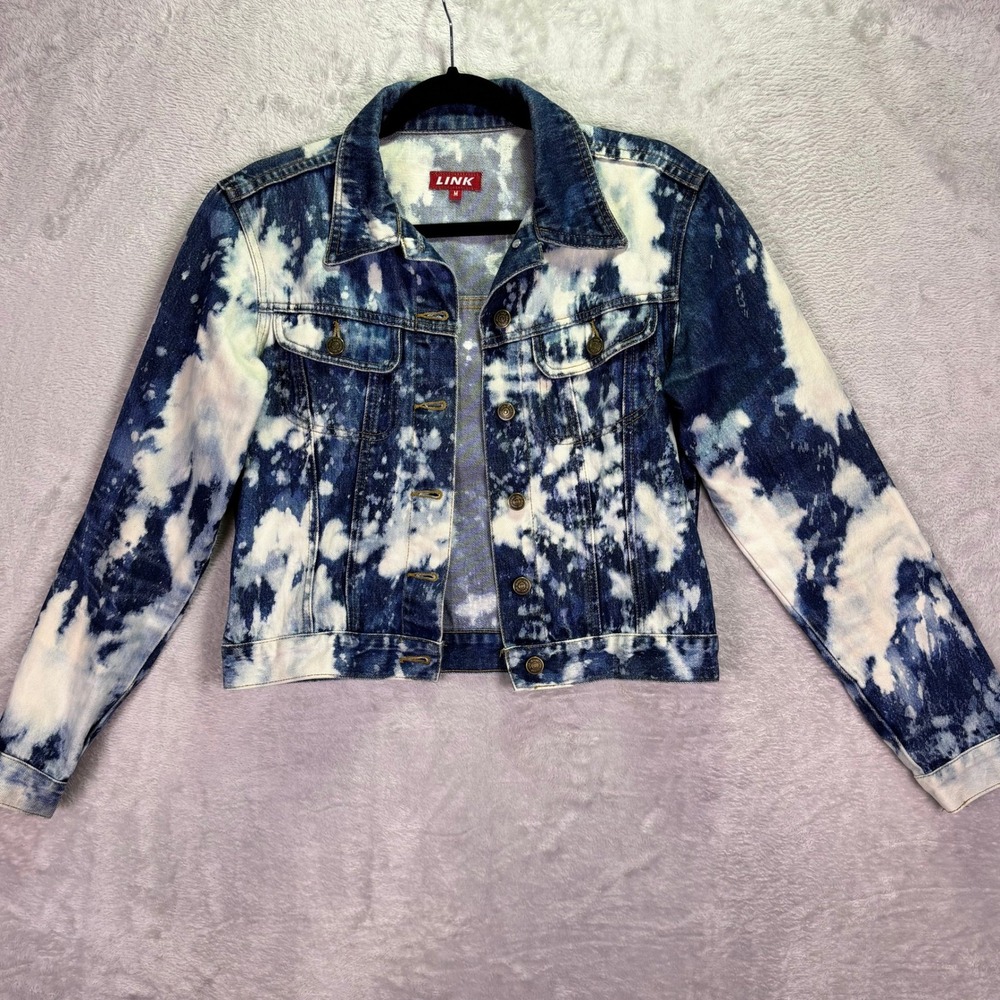 LINK Women Denim Jacket Size M Blue White Acid Wash Cropped Trucker Coat - Picture 7 of 8